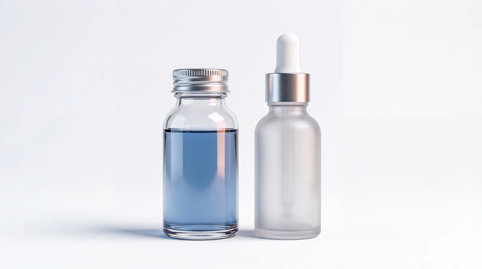 Vial of blue-tinted solution beside an unmarked cosmetic dropper bottle