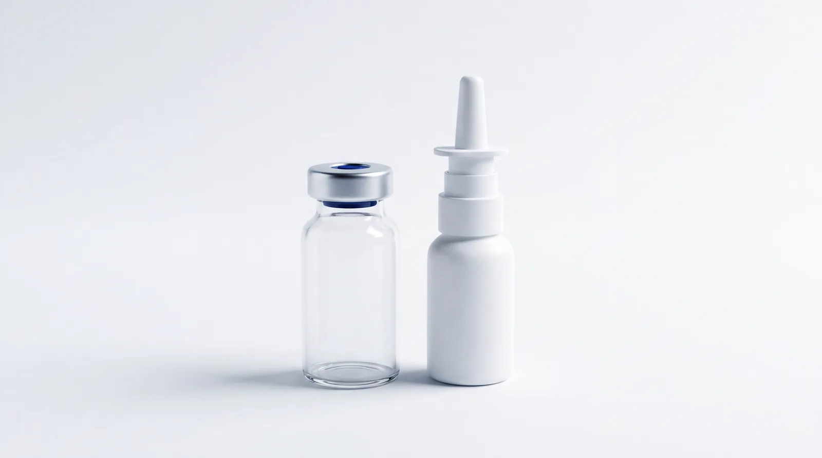 Unlabelled vial standing beside an unmarked white nasal spray bottle