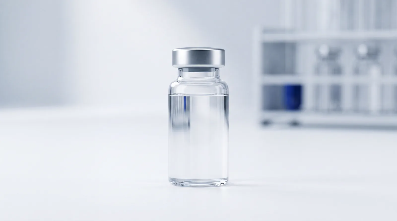 Unlabelled vial on a laboratory surface with a blurred rack behind