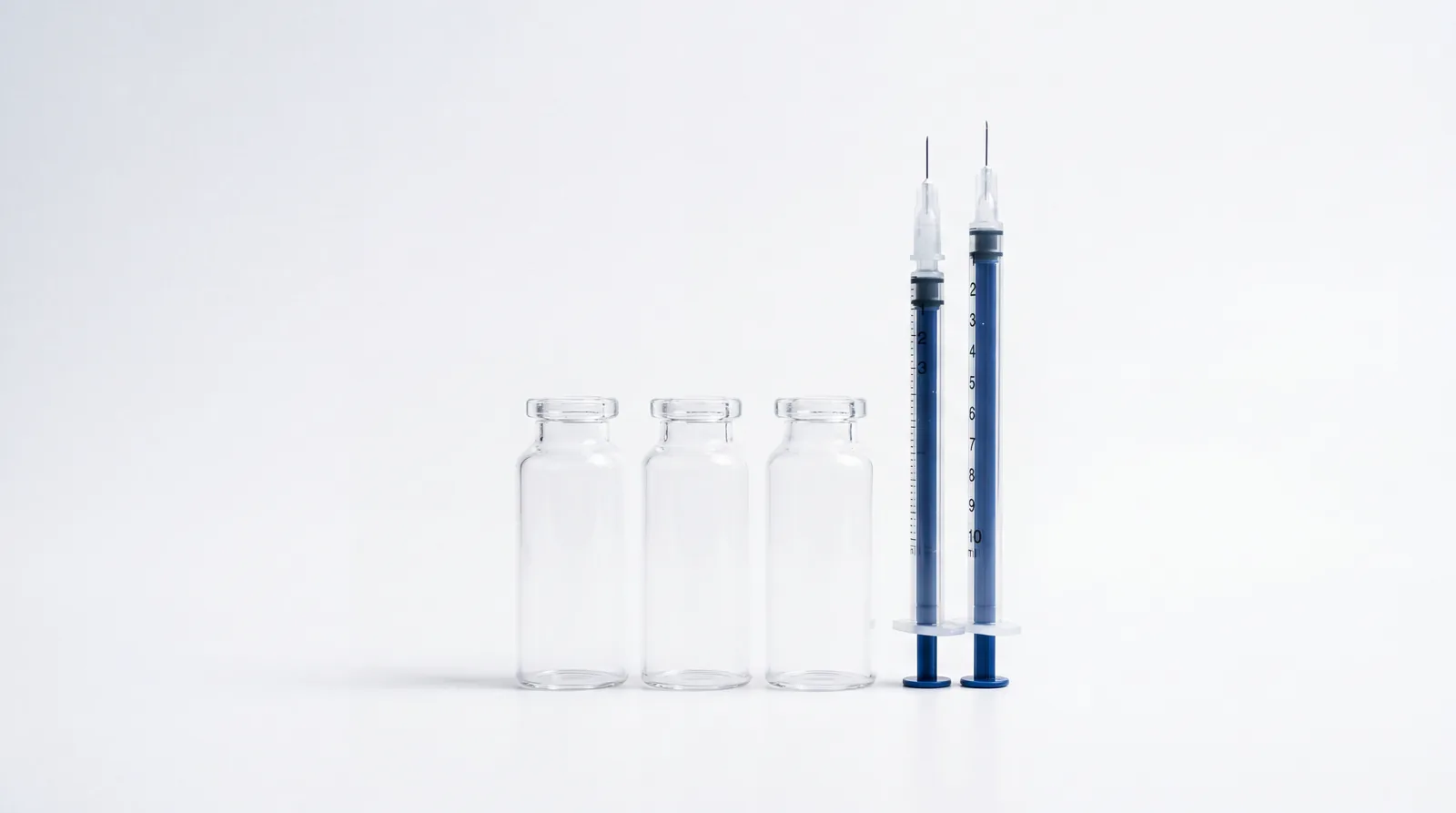 Three unlabelled vials standing in a row beside an upright insulin syringe