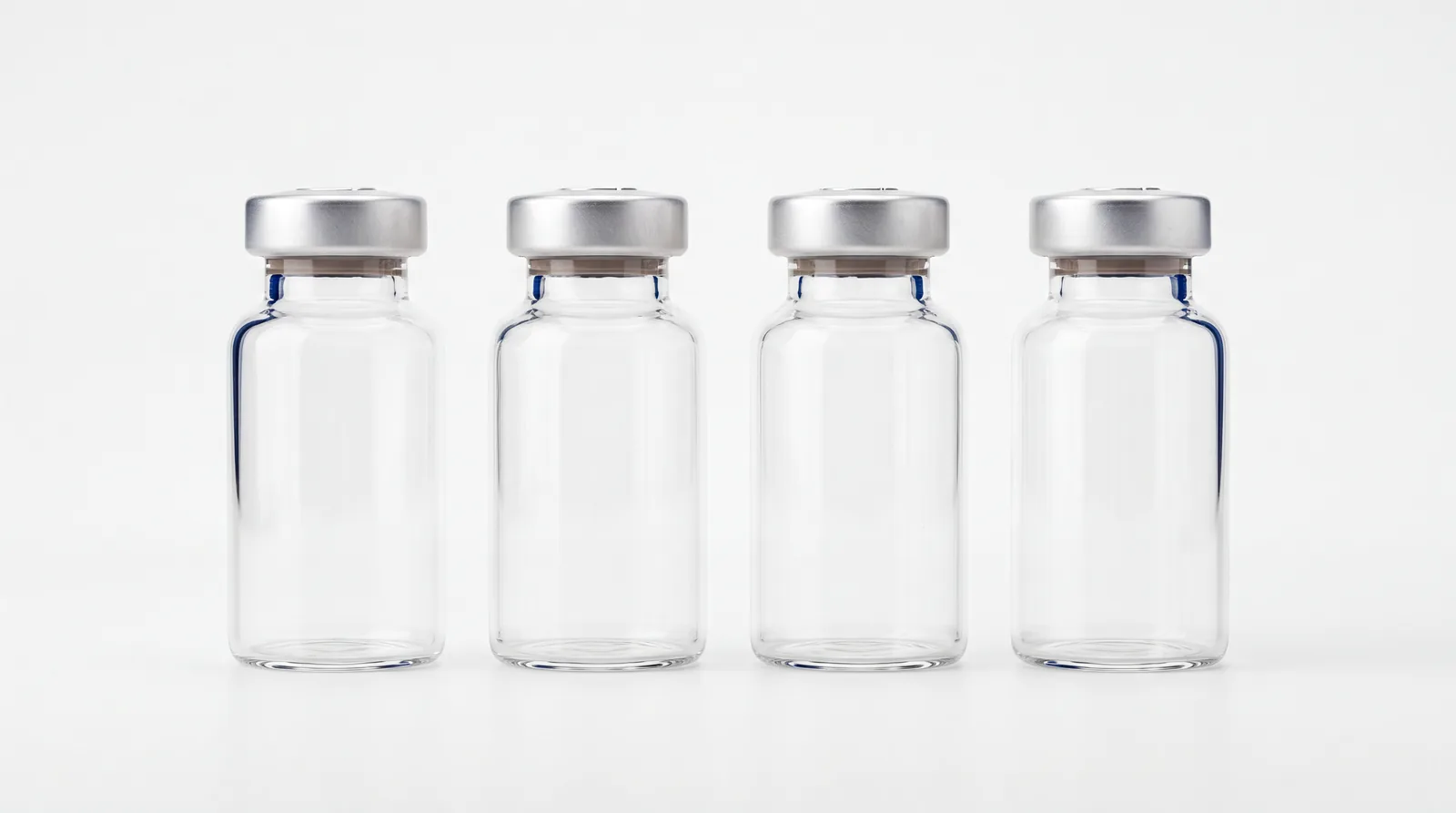 Four identical unlabelled vials in an evenly spaced row