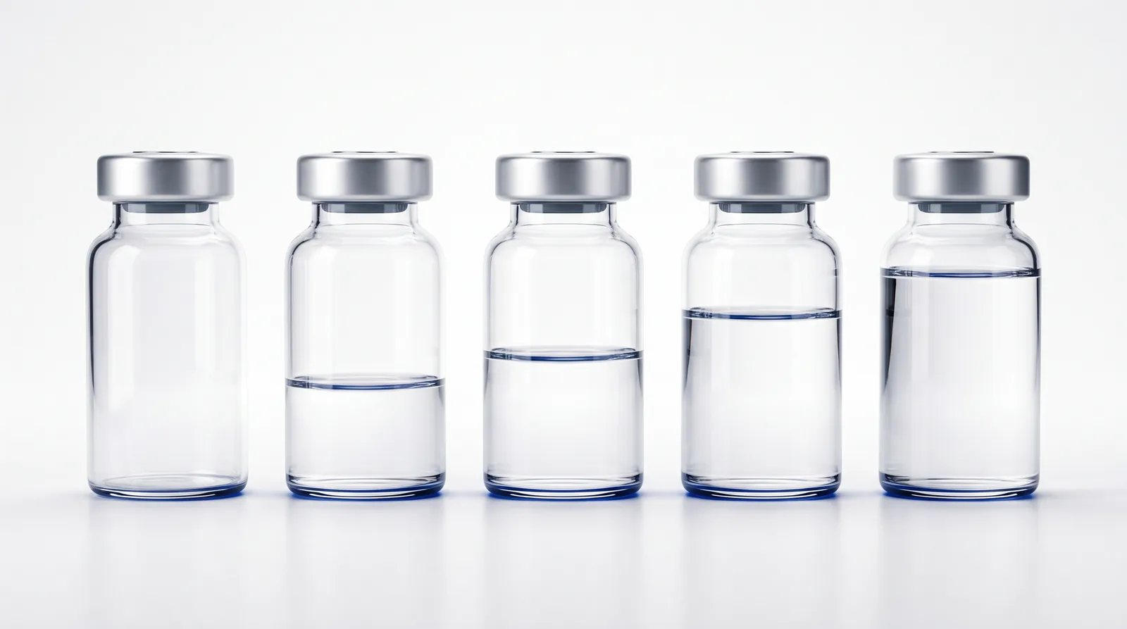 Row of five identical vials filled to progressively higher levels