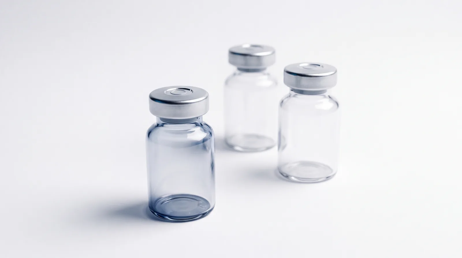 Three identical unlabelled vials, one in focus and two blurred behind