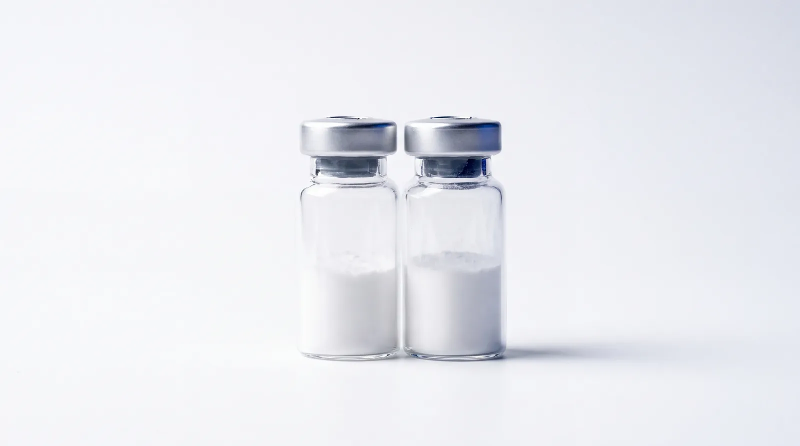 Two identical unlabelled vials standing side by side