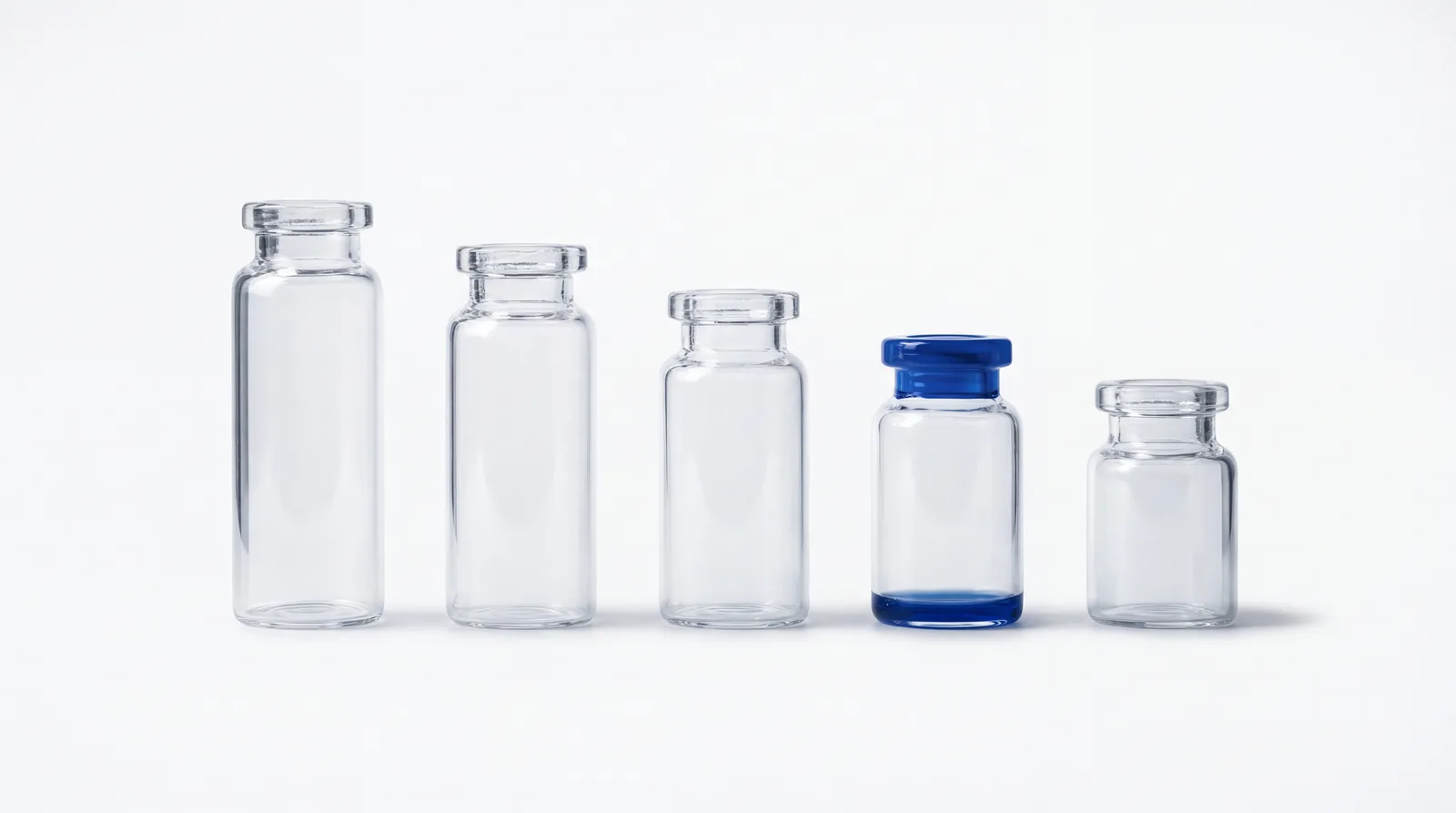 Five unlabelled vials of descending height arranged in a row